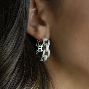 Diamond Pave Chain Link Hoop Earrings, Pave Cuban Link Hoop Earrings